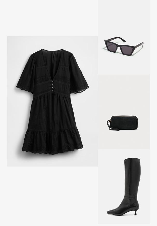 Vestido preto com mangas curtas esvoaçantes, decote em V profundo, botões decorativos e bainha com folhos. Apresenta padrão de ilhós e detalhes em renda.; Zign Botas - black; Óculos de sol pretos, angulares, com lentes cinzas; feitos de plástico, apresentando hastes grossas com uma superfície lisa e sem hardware visível.; Clutch bag preta em camurça, com fecho em zíper e alça de pulso removível. Apresenta acessórios em tom dourado e uma textura suave e fosca.