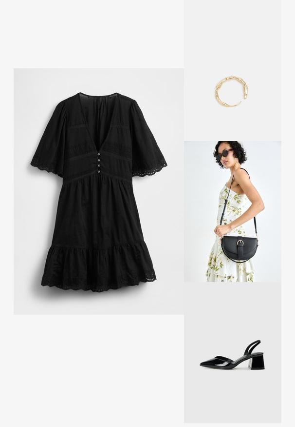 Čierne šaty s krátkymi rozšírenými rúškami, hlbokým véčkovým výstrihom, ozdobnými gombíkmi a riaseným lemom. Obsahujú perforovaný vzor a čipkové detaily.; Čierne lakované kožené sandálové podpätky s špicatou špičkou a geometrickým blokovým podpätkom. Disponujú elegantným, minimalistickým dizajnom a hladkým povrchom.; Čierna kožená kabelka s zaobleným tvarom, odnímateľným popruhom a zlatými doplnkami. Kabelka má klopu s detailom s prackou.; Prsteň v zlatej farbe s organickým, skrúteným dizajnom, hladkým povrchom a zužujúcimi sa koncami, vytvárajúci moderný, sochársky vzhľad.