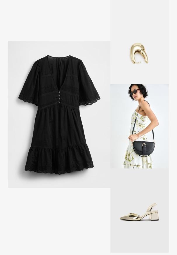 Black dress with short flutter sleeves, deep V-neck, decorative buttons, and ruffled hem. Features eyelet pattern and lace accents.; Gold, metallic slingback heels with a pointed toe and chunky heel. Smooth texture, minimalistic design, and a narrow strap.; Black leather handbag with a curved shape, detachable strap, and gold hardware. The bag features a flap with a buckle detail.; Gold-tone metal earring with a sleek, curved design. Features a distinctive pointed shape, polished surface, and hinge closure.
