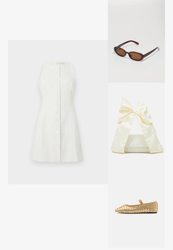 Vitt ärmlöst klänning i linne med knappslå fram, figurnära passform och subtil textur med en enkel dragkedja i ryggen.; Loeffler Randall LEONIE SOFT BALLET FLAT - Ballerinaskor med remmar - gold; Runda, bruntonade solglasögon med en glansig bordeauxfärgad ram. Smala bågar med subtilt varumärkesdetalj. Platt linsdesign.; Loeffler Randall RAMONA BOW SHOULDER BAG - Handväska - cream