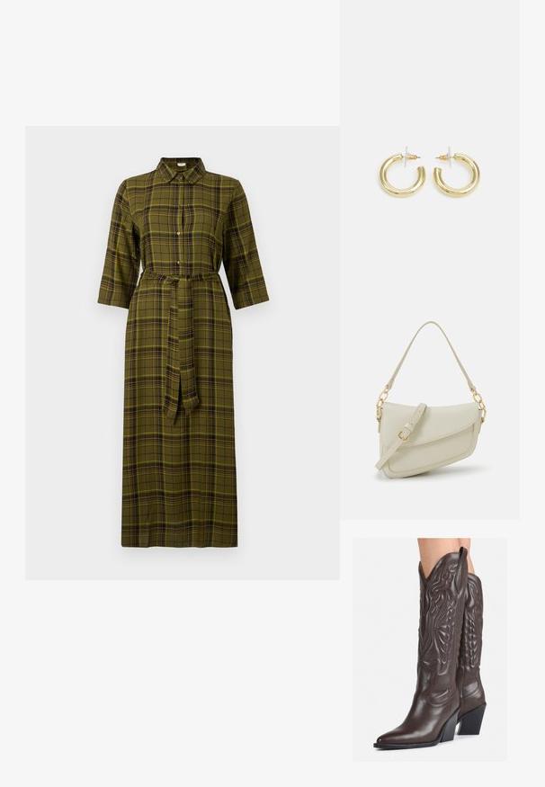 Žalia languota midi suknelė su apykakle, trijų ketvirčių rankovėmis, juosmens diržu ir sagų detalėmis priekyje.; Rudos odinės kaubojaus batai su smailiu priekiu ir blokuotu kulnu, pasižymintys detaliu siuvinėjimu ir iškiliais akcentais ant ašies.; Mažas kreminis rankinukas su tekstūruotu paviršiumi, ilga reguliuojama juostele, grandinėle ir užsegimu su atvartu. Aukso detalės.; Aukso auskarai su lygiu, blizgiu paviršiumi. Apvalus dizainas su maža užrakto dalimi ir skaidria atrama saugiam nešiojimui.