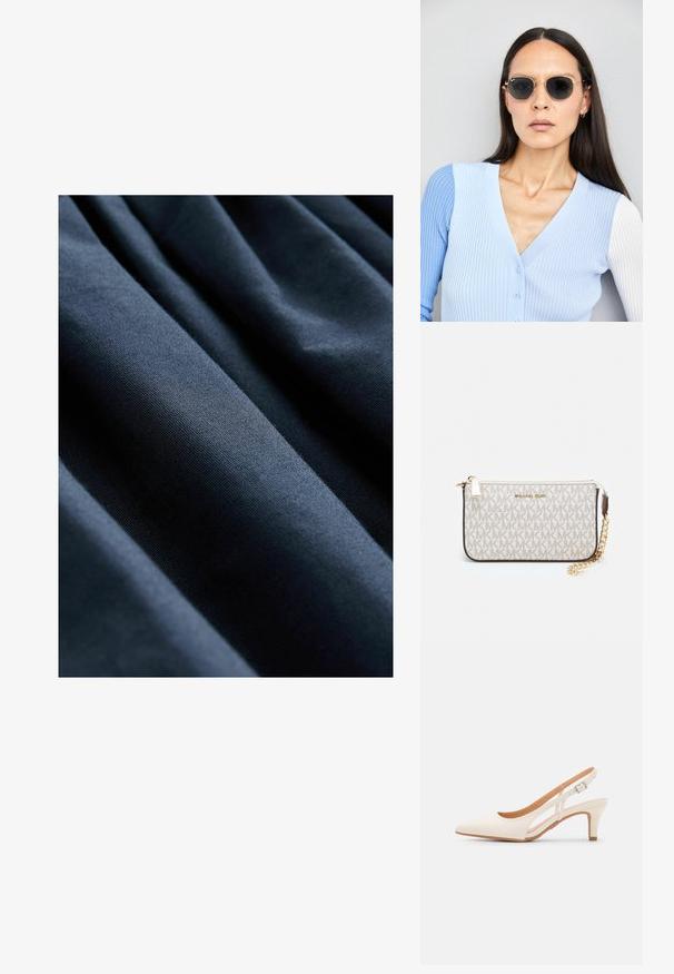 Tessuto blu navy con una texture liscia, caratterizzato da pieghe verticali che creano una profondità e una dimensione sottili.; Slingback bianco con punta affusolata, materiale superiore liscio, tacco basso a blocco e design con ritagli laterali, dotato di cinturino regolabile con fibbia.; Occhiali da sole rotondi con lenti scure e montatura dorata. Il modello indossa un cardigan leggero azzurro a costine con bottoni e maniche bianche a contrasto.; Wristlet Michael Kors in tela rivestita beige con motivo a logo MK ripetuto, hardware dorato e tracolla a catena staccabile.