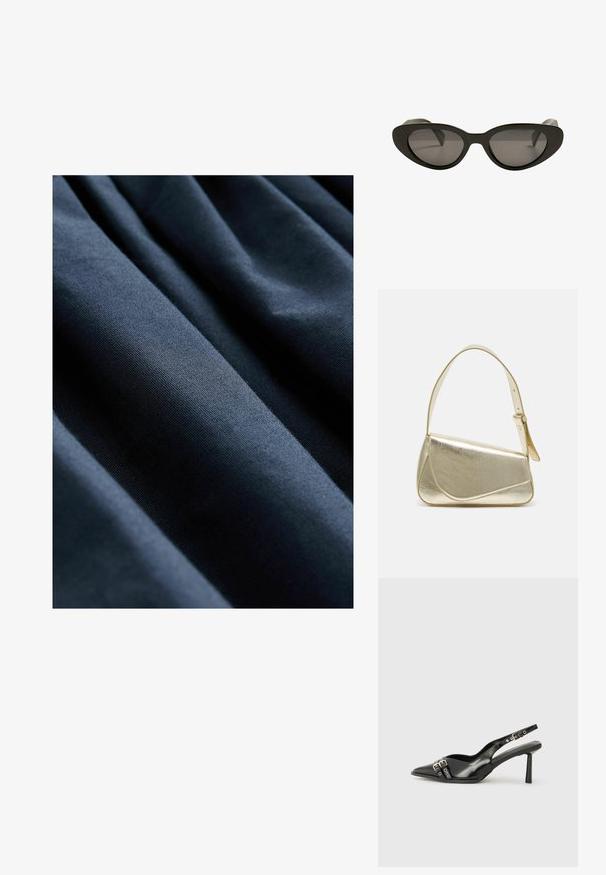 Tissu bleu marine avec une texture lisse, présentant des plis verticaux qui créent une profondeur et une dimension subtiles.; Chaussure slingback en cuir verni noir avec un embout pointu, des brides de cheville avec des boucles en argent et des éléments en métal, et un talon fin.; Lunettes de soleil noires en forme de chat avec des verres sombres, monture en plastique brillant et bords arrondis. Design simple sans marque ni accents visibles.; Sac à main en métal doré avec un design structuré, texture lisse et bandoulière ajustable. Présente une forme triangulaire unique et des coutures minimalistes.