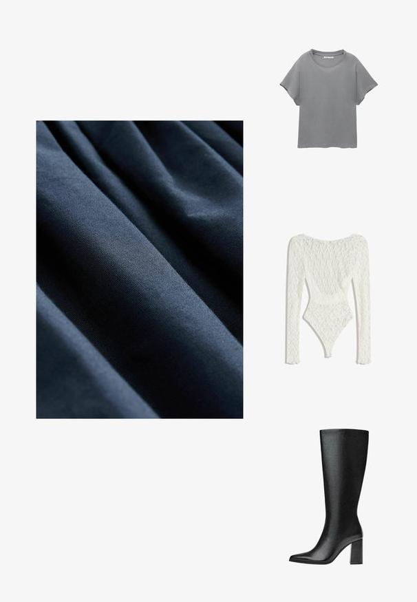 Marineblåt stof med en glat overflade, der har lodrette folder, som skaber subtil dybde og dimension.; Hvid blonde bodysuit med lange ærmer, prydet med et vævet mønster og en lav rygdesign, der taperer til en høj skåret benåbning.; PULL&BEAR SHORT SLEEVE - T-shirts print - grey; Sorte knæhøje støvler lavet af imiteret læder med spids tå, glat tekstur og en chunky blokhæl. Minimalistisk design uden synlige detaljer.