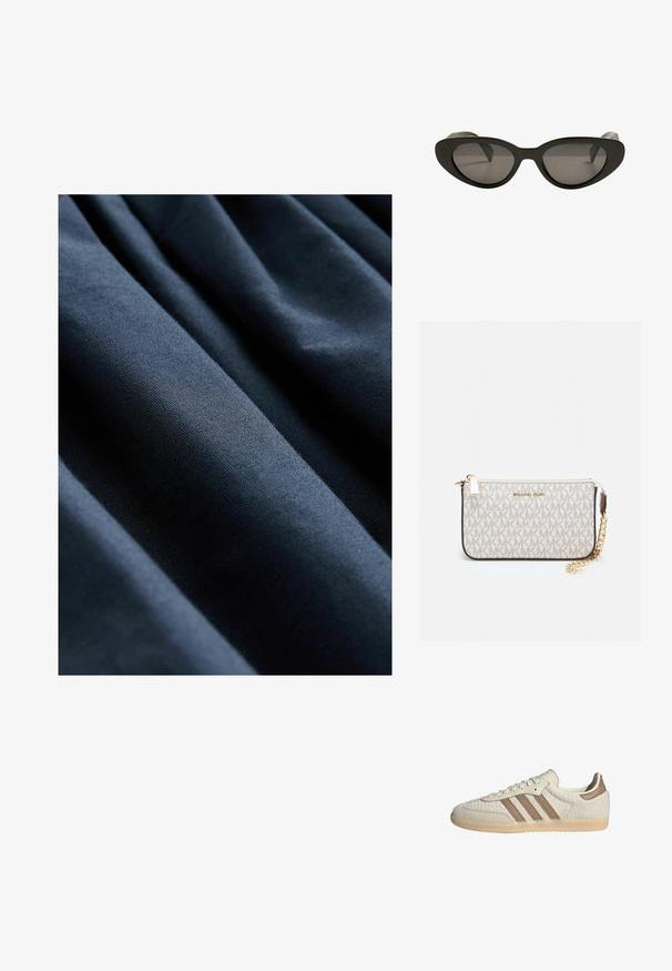 Marineblauer Stoff mit glatter Textur, der vertikale Falten aufweist, die subtile Tiefe und Dimension erzeugen.; Sneaker mit einem atmungsaktiven Obermaterial aus cremefarbenem Mesh, braunen Lederakzenten und drei charakteristischen Streifen. Leichte Gummisohle mit strukturiertem Muster.; Schwarze Cat-Eye-Sonnenbrille mit dunklen Gläsern, glänzendem Kunststoffrahmen und abgerundeten Kanten. Einfaches Design ohne sichtbare Markenkennzeichnung oder Akzente.; Michael Kors Clutch in beige beschichtetem Canvas mit einem wiederholten MK-Logo-Muster, goldfarbener hardware und einem abnehmbaren Kettenriemen.