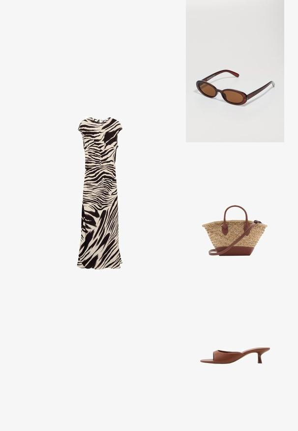 Rochie lungă cu imprimeu zebra bej și negru. Mâneci scurte, decolteu rotund și o fanta laterală dintr-un material neted pentru o siluetă fluidă.; Mule-uri cu toc deschis, de culoare maro, cu un finisaj neted și mat, având un design curbat și un toc transparent, conic.; Ochelari de soare rotunzi, cu nuanțe de brown și cu un cadru lucios de burgund. Brațe subțiri cu detalii subtile de branding. Design cu lentile plate.; Geantă din paie împletită cu accente din piele maro, două mânere și curea detașabilă. Formă curbată cu o bază robustă.