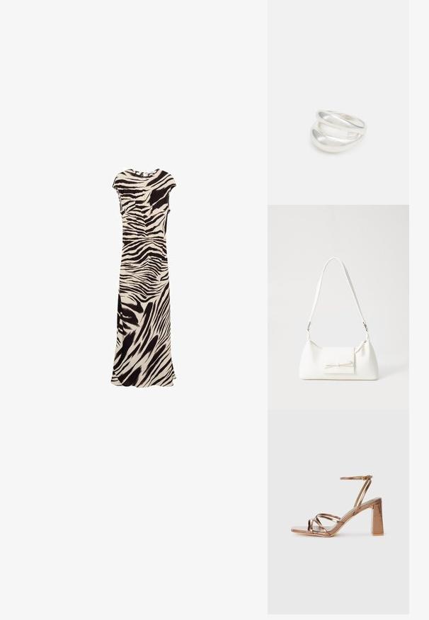 Maxi šaty s béžovým a čiernym zebrovým vzorom. Krátke rukávy, okrúhly výstrih a bočný rozparok z hladkej látky pre splývavý siluetu.; Bronzové sandále na vysokom podpätku so štvorcovou špičkou, tenkým členkovým remienkom a krížovým dizajnom vpredu. Hladký metalický povrch.; Biela syntetická kabelka s trojuholníkovým tvarom, plochým predným klapkou a detailom mašle, nastaviteľným popruhom, hladkou textúrou a minimalistickým dizajnom.; Strieborný prsteň s dvojitým pásikom s hladkým, lesklým povrchom. Má plynulý, zakrivený dizajn s prekryvajúcimi sa časťami pre moderný vzhľad.