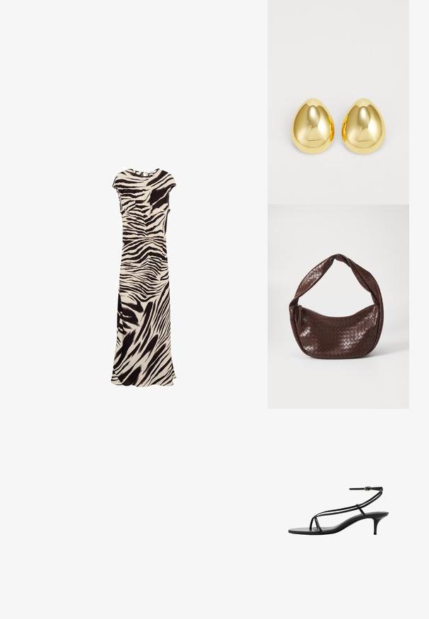 Maxi-jurk met een beige en zwarte zebra print. Korte mouwen, ronde halslijn en een zijsplit in een zachte stof voor een vloeiende silhouet.; Zwarte hoge sandaaltjes met slanke banden, een minimalistisch ontwerp, een spitse neus en een kleine stilettohak. Soepele leren textuur.; Bruine geweven leren handtas met een gebogen, geknoopte hengsel en een ritsluiting. Glad oppervlak en ronde vorm.; Gouden studoorbellen met een gladde, gepolijste afwerking en een druppelvorm, die licht reflecteren voor een glanzende uitstraling.