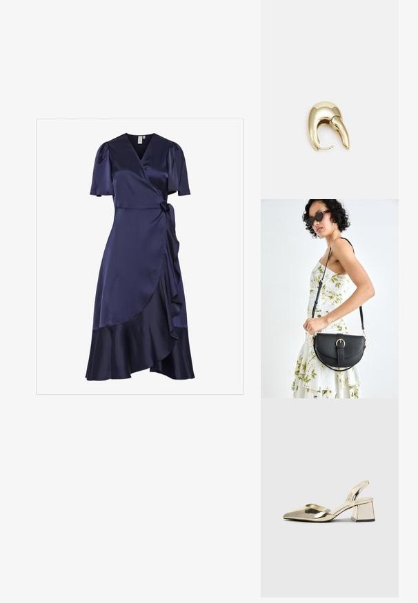 Tumedat satinmähkmedress lühikeste puhvärvlitega, ruffeldatud serv ja ise seotud vöö talje ümber. Sile tekstuur ja voolav siluett.; Kuldne, metallilised slingback-kudumid terava varba ja paksu kontsaga. Sile tekstuur, minimalistlik disain ja kitsas rihm.; Mustmust mustraha kõverate joontega, eemaldatava rihmaga ja kuldsete detailidega. Kotil on klapp, millel on pandladetail.; Kuldtooni metallist kõrvarõngas, millel on elegantne ja kaarjas disain. Omab silmapaistvat teravat kuju, poleeritud pinda ja hingesulgemist.