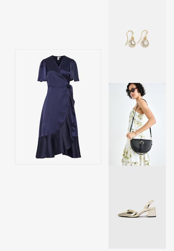 Mornarica saten haljina omot sa kratkim puf rukavima, nabranim rubom i remenom za vezanje u struku. Glatka tekstura s lepršavim siluetom.; Zlatni metalik slingback sandali s šiljatim vrhom i debelim potpeticama. Glatka tekstura, minimalistički dizajn i uski remen.; Crna kožna torba s lukovitim oblikom, odvojivim remenom i zlatnim detaljima. Torba ima preklop s kopčom.; Zlatne naušnice s ovalnim prozirnim kristalima okruženim manjim prozirnim kamenčićima, s dizajnom na kuku za sigurno nošenje.
