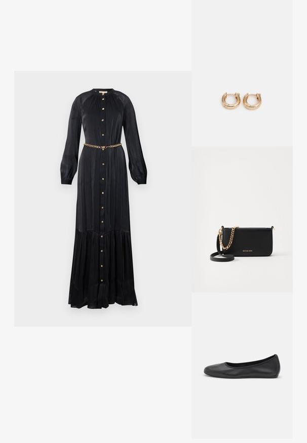 Črna maksi obleka iz gladkega materiala, z dolgimi rokavi, z gumbom na sprednji strani in z zlatim verižnim pasom v predelu pasu. Razgrnjeno dno.; Črne usnjene balerinke z zaobljenim nosom, gladko teksturo, minimalnimi šivi in fleksibilno zasnovo podplata.; Črna usnjena torba s zlatim verižnim okrasom, gladka tekstura in zlate logotipne podrobnosti. Vključuje nastavljiv trak za prilagodljivost.; Zlate obročeve uhane s poliranim zaključkom, ki imajo debelo, okroglo obliko in varen mehanizem zapiranja. Gladka tekstura in sijoč videz.