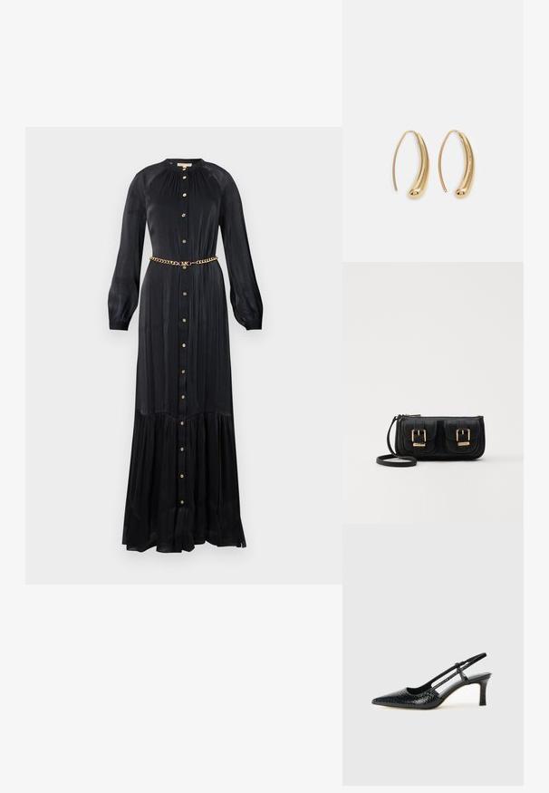 Melna maxi kleita, kas izgatavota no gludas auduma, ar garām piedurknēm, pogām uz priekšu un zelta ķēdes jostu viduklī. Paplatināts hem.; Melna patent āda ar slīdošo papēdi un smailo purngalu, ar teksturētu čūsku drukājumu, regulējamu siksniņu un īsu teksturētu blokpapēdi.; Melnas ādas crossbody soma ar divām priekšējām kabatām, zelta sprādzēm, ar rāvējslēdzēju aizdari un šauru siksnu. Strukturēta virsma un kompakta taisnstūra forma.; Zelta toņu metāla gredzena auskari ar izliektu, pagarinātu formu. Ar gludu, spīdīgu virsma un noapaļotu galu papildu detaļām.