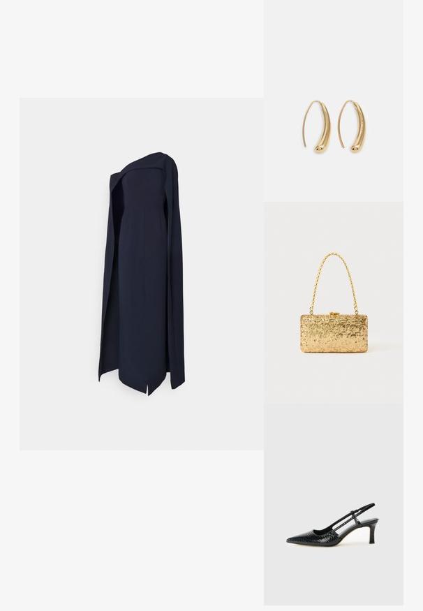 Námořnická modrá večerní šaty bez ramínek s postranním rozparkem a drapovaným přehozem. Vyrobeno z hladké látky, zdůrazňující strukturovanou siluetu.; Černé lakované slingback podpatky s špičatou špičkou, zdobené texturovaným hadím vzorem, nastavovacím páskem a krátkým texturovaným blokovým podpatkem.; Zlatá flitrová kabelka ve tvaru obdélníku, s propleteným řetízkovým uchem a kovovým zapínáním, odrážející světlo s texturovaným povrchem.; Náušnice ve tvaru kruhu z pozlaceného kovu s vroubkovaným, prodlouženým tvarem. Mají hladký, lesklý povrch a zaoblený konec pro zvýraznění detailu.