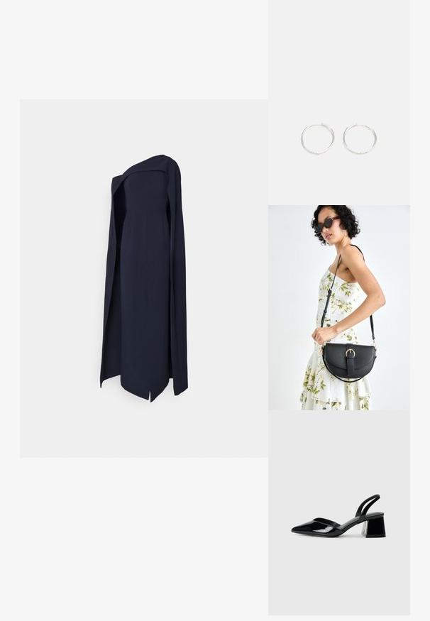 Mornarsko plava, haljina bez naramenica za večernje izlaske s bočnim izrezom i drapiranim prekrivačem. Izrađena od glatkog materijala, ističe strukturiranu siluetu.; Crne lakirane kožne sandale s otvorenom petom i špicastim vrhom, s geometrijskom blok petom. Imaju elegantan, minimalistički dizajn i glatku teksturu.; Crna kožna torba s lukovitim oblikom, odvojivim remenom i zlatnim detaljima. Torba ima preklop s kopčom.; Srebrne okrugle naušnice jednostavnog dizajna, s glatkom površinom i bez vidljivih ukrasa. Promjer nije specificiran.