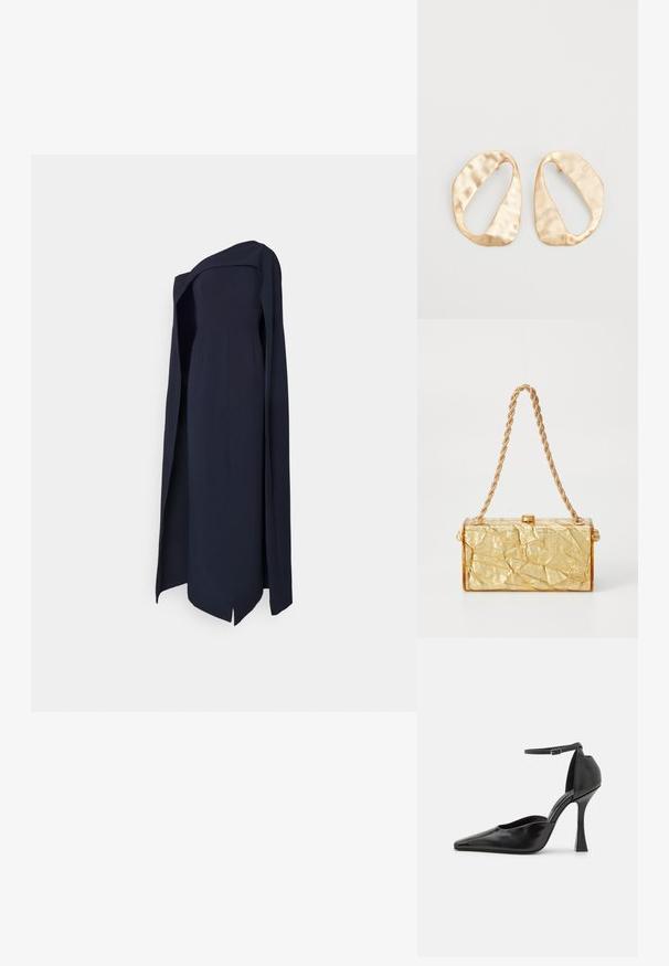 Tamsiai mėlynas, be petnešų vakarinis suknelė su šonine plyšyje ir drapiruotu audiniu. Pagaminta iš lygaus audinio, pabrėžiančio struktūrizuotą siluetą.; Juodos aukšto kulno botai su blizgiu paviršiumi, smailiu pirštu, kulkšnies dirželiu ir skulptūriniu stiletto kulnu. Lygus paviršius ir elegantiškas dizainas.; Auksinė susiraičiusio tekstūros rankinė, turinti stačiakampį formą, su grandinėlės petneša ir užsegimu viršuje. Lygus, blizgus paviršius.; Nedidelis nereguliarus ovalo formos aukso tono metalinių auskarų pora su tekstūruota, šiek tiek kalta paviršiumi ant balto fono.