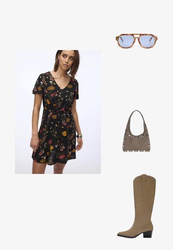 Cvetna obleka v črni barvi z V-izrezom, kratkimi rokavi in pasom na vezanje. Ponuja živahne rdeče, rumene in roza cvetje na temnem ozadju.; Biege suknje do kolen iz nubuk kože z ostrim nosom, nabranim peto in šivanim detajlom ob straneh. Gladka tekstura in strukturiran dizajn.; Sonce zaščitna očala v torto v barvi s sivimi lečami, angularna zasnova, debel okvir in izrez za nos; zlat poudarek na tempeljih.; PULL&BEAR SHOPPER - Torba za nakupovanje - grey