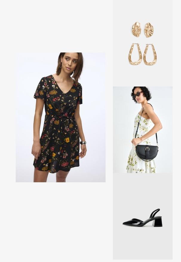 Cvetna obleka v črni barvi z V-izrezom, kratkimi rokavi in pasom na vezanje. Ponuja živahne rdeče, rumene in roza cvetje na temnem ozadju.; Črne lakirane slingback pete s koničastim nosom in geometrijsko blokasto peto. Imajo eleganten, minimalističen dizajn in gladko teksturo.; Črna usnjena torbica s ukrivljeno obliko, z odstranljivo naramnico in zlatimi dodatki. Torbica ima pokrov s podrobnostmi v obliki zaponke.; Zlato obarvani uhani z teksturiranimi, valovitimi oblikami. Vključujejo skulpturalne sponke za ušesa in odprto obliko obročka s kladivastim finišem.
