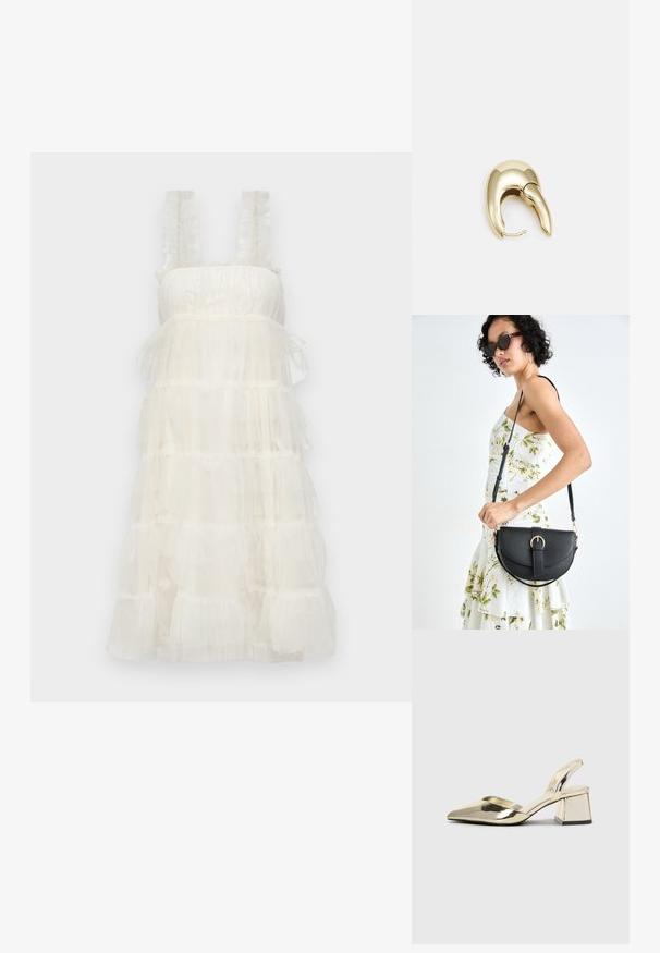 Balta sluoksniuota suknelė su raukšlėtu tekstūru, plačiomis petnešomis ir išplatintu siluetu, turinti kelis sluoksnius, kad būtų daugiau apimties.; Auksiniai, metaliniai slingback aukštakulniai bateliai su smailiu pirštu ir masyviu kulnu. Lygus paviršius, minimalizmo dizainas ir siaura juostelė.; Juodas odinis krepšys su išlenkta forma, nuimamu dirželiu ir auksiniais detalėmis. Krepšys turi kilpą su sagtimi.; Aukso tono metalinės auskarai su stilingu, kreiviu dizainu. Išsiskiria ryškiu smailiu pavidalu, poliruota paviršiumi ir užsegimu su vyriu.