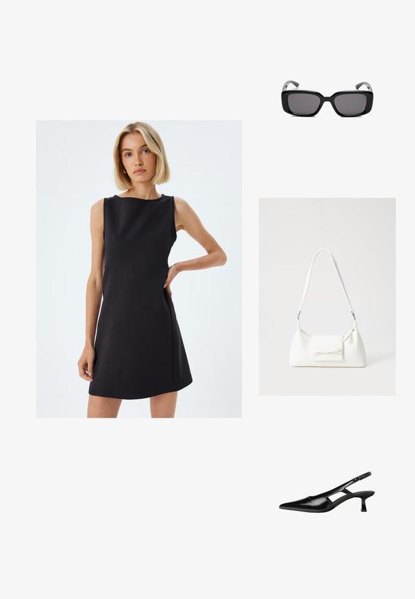 Mustat ilman hihoja olevat mekko, jossa on tiukka siluetti, sileä kangas, venepääntie ja sivusaumapockets. Minimalistinen muotoilu, jossa on puhtaat linjat.; Mustat lakatut nahkakengät, joissa on viistopää, leikattu sivusuunnassa ja pieni neliökoroke. Sujuva pinta, jossa on minimaalinen koristelu.; Mustat suorakulmaiset aurinkolasit tummilla linsseillä, sileä muovikehys ja kaarevat templet. Suunnittelu on jykevä ja minimalistinen.; Valkoinen synteettinen käsilaukku, jossa on kolmikulmainen muoto, tasainen etu läppä ja nauhadetail, säädettävä olkahihna, sileä rakenne ja minimalinen muotoilu.