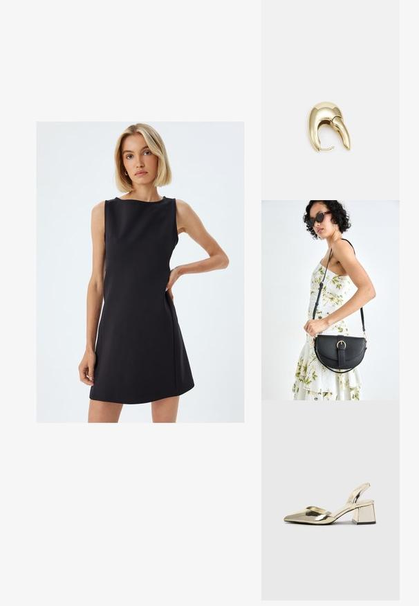 Vestido negro sin mangas con una silueta ajustada, tejido suave, escote barco y bolsillos en las costuras laterales. Diseño minimalista con líneas limpias.; Tacones slingback metálicos dorados con punta afilada y tacón grueso. Textura suave, diseño minimalista y una correa estrecha.; Bolso de piel negra con forma curva, correa desmontable y herrajes dorados. El bolso cuenta con una solapa con un detalle de hebilla.; Pendiente de metal en tono dorado con un diseño elegante y curvado. Presenta una forma puntiaguda distintiva, superficie pulida y cierre de bisagra.
