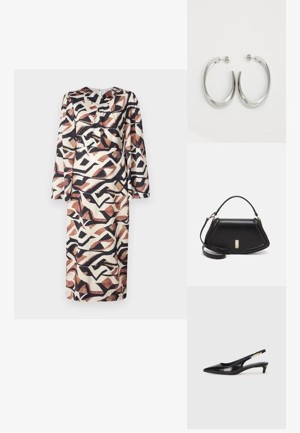 Vestido largo de tejido suave; presenta patrones abstractos en tonos marrón, negro y crema; escote en V y mangas largas; cierre con cremallera en la parte posterior.; Tacones negros de piel sintética tipo slingback con punta afilada, que cuentan con un tacón delgado y un detalle en tono dorado en la correa ajustable. Textura suave.; Bolso de mano de cuero negro con un diseño estructurado, que presenta una forma recortada, asa superior y acentos en dorado. Correa de hombro ajustable incluida.; Pendientes de aro de plata con un diseño curvado y suave. Presentan un acabado metálico brillante y cierre de presión. Sin patrones ni acentos visibles.
