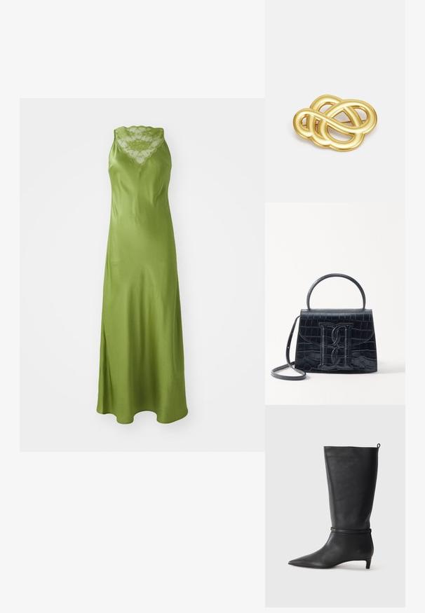 Zaļš satīna kleita ar viļņotu mežģīņu kaklu, bez piedurknēm un plūstošu A-siluetu ar sānu šķēlumu.; Melnas ādas līdz ceļiem stīgas ar norādītu purngalu, akcentētas ar apaļu siksnu ap potīti un zemu, sašaurinātu papēdi. Gluda tekstūra.; Melnas krokodila rakstā izgatavota ādas rokassoma ar strukturētu dizainu, augšējo rokturi, regulējamu siksnu un izteiktu priekšējo logotipa detaļu.; Zelta toņa broša ar mezglota dizaina, gludām, izliekamām līnijām un sarežģītu formu, kas atspoguļo pulētu apdari.