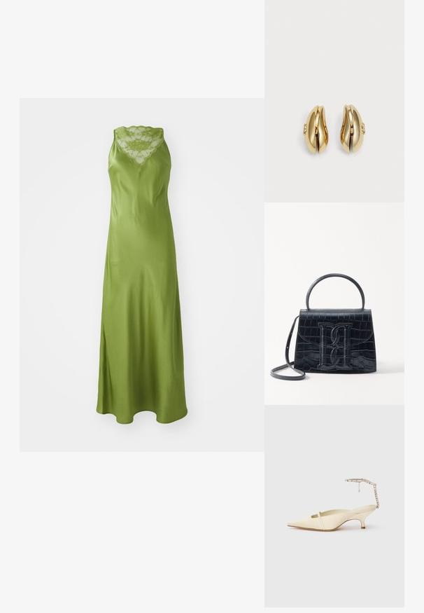 Groene satijnen jurk met een scalloped kanten halslijn, mouwloos ontwerp en een vloeiende A-lijn silhouet met een zijsplits.; Crème kleurige slingback hak met spitse neus, dunne voorkantstrap en een juwelen enkelband op witte achtergrond.; Zwarte handtas van krokodillleer met een gestructureerd ontwerp, bovenhandvat, verstelbare schouderband en een opvallend voorlogo.; Gouden oorbellen met een vloeiende, gebogen vorm. Elke oorbel heeft een glad oppervlak en een kleine sluiting met een decoratief detail.
