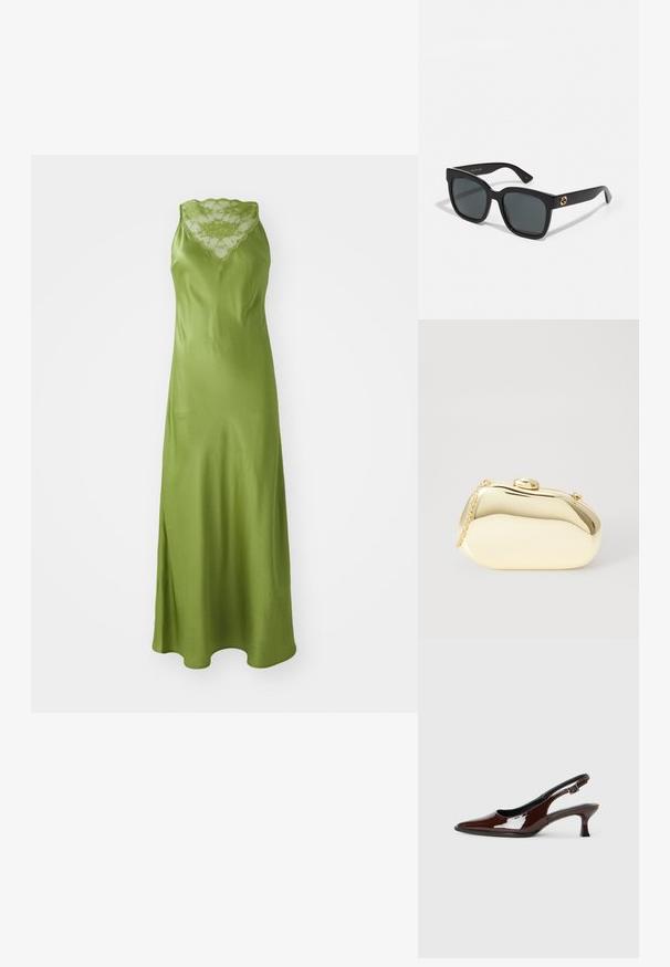 Green satin dress with a scalloped lace neckline, sleeveless design, and a flowing A-line silhouette with a side slit.; Brown patent leather slingback shoe with a pointed toe and a moderate heel. Features a buckle strap for secure fit. Smooth texture.; Black sunglasses with rectangular lenses, featuring a glossy finish and gold logo accents on the temples. Dark grey lenses provide UV protection.; Metallic gold clutch with a smooth, rounded shape, featuring a top button clasp and a small chain strap for carrying.