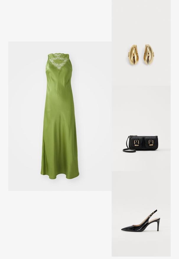 Vihreä satiinimekko, jossa on aaltoileva pitsikaulus, hihaton malli ja virtaava A-linjainen siluetti, jossa on sivuaukko.; Musta lakattu nahkainen slingback-korkokenkä, jossa on terävä kärki, kapea korko ja hillitty leikkaussuunnittelu. Varressa on kultainen solki.; Musta nahkainen olkalaukku, jossa on kaksi etutaskua, kultaiset soljet, vetoketjukiinnitys ja kapea hihna. Teksturoidun pinnan ja kompaktin suorakaiteen muoto.; Korvatekniikalla muotoillut kultasävytteiset korvakorut. Jokaisessa korvakorussa on sileäpintainen pinta ja pieni lukko, jossa on koristeellinen yksityiskohta.