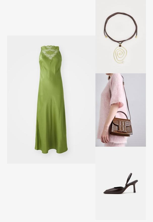 Abito in satin verde con scollo in pizzo a onda, design senza maniche e una silhouette A-line fluida con uno spacco laterale.; Décolleté in vernice marrone, con punta affusolata e tacco alto e sottile. Caratterizzato da un design elegante e una superficie liscia.; Borsa a mano con effetto coccodrillo marrone, dotata di manico superiore e tracolla. Presenta un logo prominente sulla patta frontale. Texture morbida.; Ciondolo a spirale d'oro con una perla bianca su un cordino di pelle marrone. Il ciondolo presenta linee morbide e fluenti con accenti metallici.