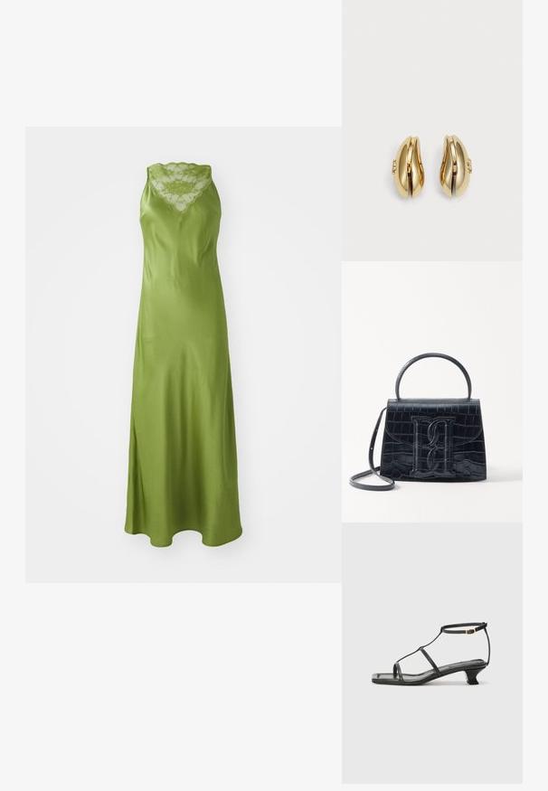 Groene satijnen jurk met een scalloped kanten halslijn, mouwloos ontwerp en een vloeiende A-lijn silhouet met een zijsplits.; Zwarte leren sandaal met een vierkante neus, dunne banden, een verstelbare enkelriem en een lage hak. Heeft een kleine gouden accent op de band.; Zwarte handtas van krokodillleer met een gestructureerd ontwerp, bovenhandvat, verstelbare schouderband en een opvallend voorlogo.; Gouden oorbellen met een vloeiende, gebogen vorm. Elke oorbel heeft een glad oppervlak en een kleine sluiting met een decoratief detail.