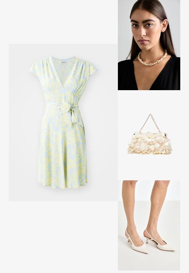 Blumen-Umstandsmoden aus leichtem Stoff in Hellblau mit gelbem Blattmuster, kurzen Kappärmel, V-Ausschnitt und einem Bindeband in der Taille.; Beige Lackleder Slingback-Absätze mit spitzem Fuß und 5 cm Absatz, mit ausgeschnittenen Seiten und einem schmalen Knöchelriemen.; Weißes Blumenhandtasche mit einer gerafften Stoffoberfläche, goldfarbener Kettenriemen und metallischem Verschluss. Mit strukturierten Blütenblättern für zusätzliche Details.; Perlen- und Kristallhalskette mit einem runden, perlenbesetzten Design in sanften Farbtönen, das abwechselnd Perlen und funkelnde Akzente zeigt, um den Hals getragen.