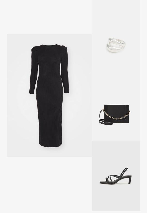 Črna rebrasta maksi obleka z dolgimi rokavi, okroglo izrezom in diskretnimi napihnjenimi rameni; izdelana iz elastičnega materiala za telesno prilegajoč silhueto.; Črne natikače s trakovi in kvadratnim prstom ter nizkim blokastim peto. Imajo več tankih trakov in nastavljiv trak okoli gležnja. Narejene so iz gladkega usnja.; Črna usnjena torba čez ramo z gladko teksturo, pravokotno obliko in kovinskim verižnim detajlom spredaj. Vključena je nastavljiva naramnica.; Srebrn dvojni prstan z gladko, polirano površino. Ima tekoč, ukrivljen dizajn z prekrivajočimi se sekcijami za sodoben videz.