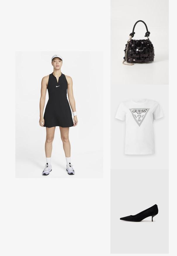 Vestido de tenis negro con cuello y cremallera frontal, que presenta un logo blanco de Nike. Combinado con una cinta para la cabeza blanca y zapatillas, mostrando un diseño ajustado.; Camiseta blanca de manga corta con un logo en forma de triángulo adornado con strass que dice "GUESS U.S.A." y "WASHED JEANS" en el centro frontal.; Zapato de tacón alto de ante negro con punta afilada y un tacón delgado y bajo. Textura suave con un diseño elegante, sin hardware visible.; Bolso de mano mini negro con lentejuelas, con una correa de textura anudada y cadena plateada. Forma redondeada con parte superior fruncida y detalles reflectantes.