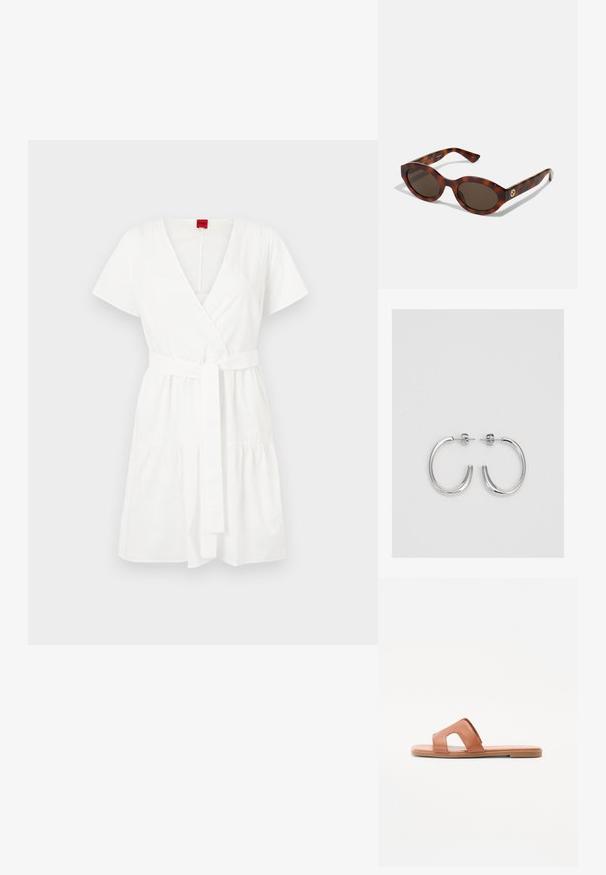 Robe enveloppante blanche en coton, avec des manches courtes, un décolleté en V, une taille ceinturée et un volant froncé au bas.; Sandale à glissière en cuir marron avec un design à orteils ouverts, une large bride avec un détail découpé, une semelle plate et une texture lisse.; Lunettes de soleil en écaille de tortue avec des montures rondes, des verres foncés et des détails en or sur les branches. Matériau en plastique lisse, sans motifs visibles.; Boucles d'oreilles en argent avec une finition lisse et brillante. Forme arrondie, conception légère, avec un fermoir à tige.
