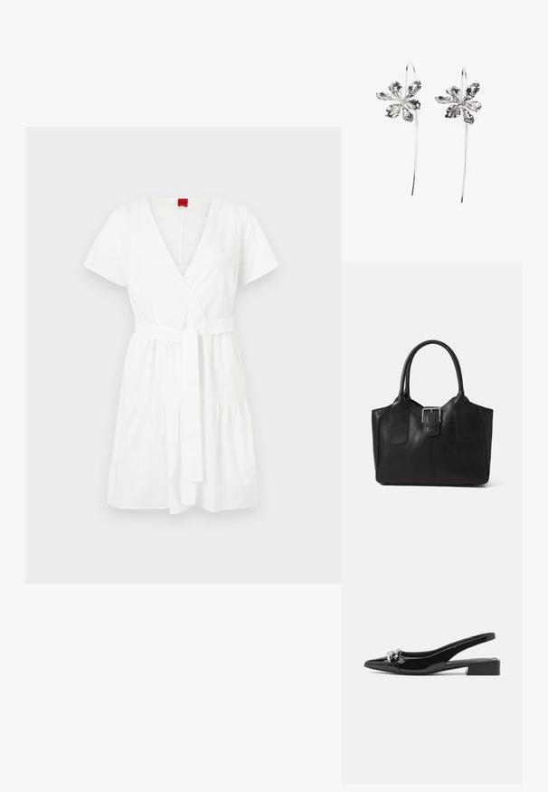White wrap dress made of cotton, featuring short sleeves, a v-neckline, a belted waist, and a gathered tier at the hem.; Black patent leather slingback shoe with a pointed toe, low block heel, and silver-toned hardware detail at the front.; Black leather tote bag with smooth texture, structured shape, two handles, and a prominent silver buckle detail on the front.; Silver flower-shaped earrings with a textured finish, featuring long hooks and petal-like details for an intricate design.