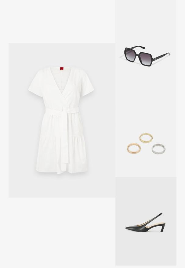 Biele zavinovacie šaty vyrobené z bavlny, s krátkymi rukávmi, véčkovým výstrihom, opaskom v páse a nariasenou vrstvou na spodnom okraji.; Čierne slingback topánky s ostrou špičkou a nízkym opätkom, vyrobené z hladkej kože a s výrezmi na boku pre lepšiu priedušnosť.; Čierne hexagonálne slnečné okuliare s gradientovými šošovkami, majú lesklý povrch a diskrétne logo na stranici. Vyrobené z odolného plastu.; Triumf kovových prsteňov: jeden v ružovom zlate, jeden zlatý s textúrovanými akcentmi a jeden strieborný, všetky s gravírovaným logom na vnútornej strane.