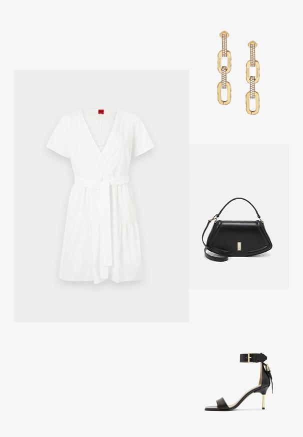 Rochie albă din bumbac, cu mâneci scurte, decolteu în V, talie croit cu curea și volan strâns la tiv.; Sandal cu toc înalt din piele neagră, cu vârf pătrat, curea pentru glezna cu cataramă aurie și toc metalic subțire. Textură netedă, design minimalist.; Geantă de umăr din piele neagră, cu un design structurat, având o formă tăiată, mânere superioare și accente din aur. Include o curea de umăr ajustabilă.; Cercei din linkuri de aur cu un design accentuat de cristale clare, având inscripția gravată "GUESS" și o finisare netedă.