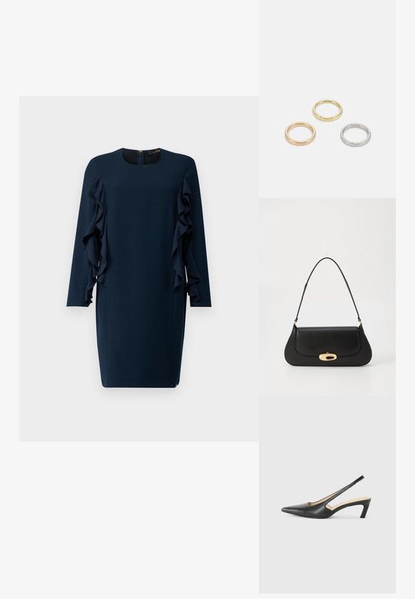 Temno modra obleka z dolgimi rokavi, okroglo izrezanino in asimetričnimi naborki ob straneh. Zadrga na hrbtni strani.; Črne čevlje s koničastimi nosovi in slingback obliko z nizko peto, izdelane iz gladke usnjene materiale ter s črtasto zasnovo na strani za prezračevanje.; Črna usnjena torba s ukrivljeno zasnovo, z zlatimi dodatki in zgornjim ročajem. Ima eleganten zapirni mehanizem in gladko teksturo.; Trije kovinski prstani: eden rožnato zlati, eden zlat z teksturiranimi detajli in eden srebrn, vsi z vgraviranim logotipom na notranji strani.