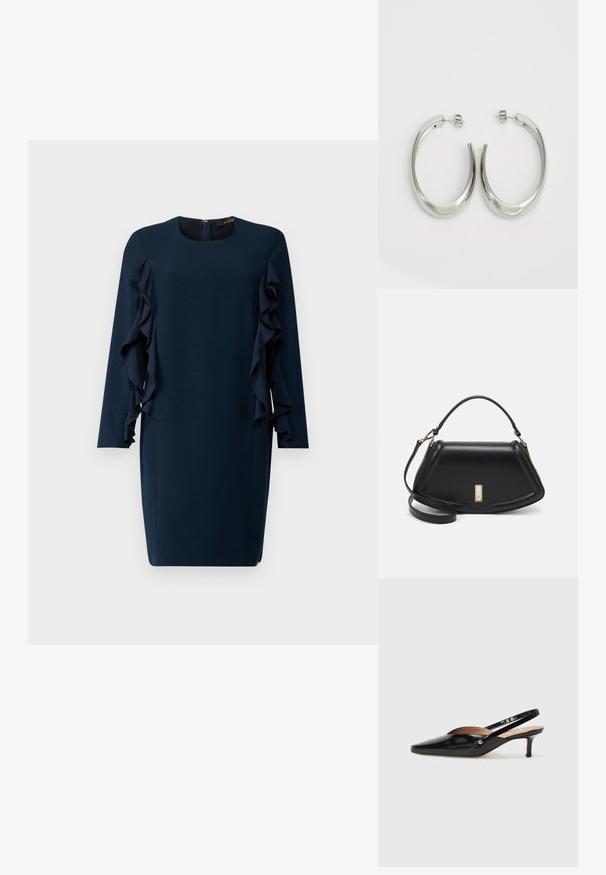 Tengerészkék ruha hosszú ujjal, kerek nyakkivágással és aszimmetrikus fodrokkal az oldalakon. Cipzáras záródás hátul.; Fekete lakkbőr slingback pump, hegyes orral, kisméretű sarokkal és kivágott dizájnnal a vamp részen. Arany színű kiegészítő az oldalon.; Fekete bőr kézitáska, strukturált dizájnnal, rövidített formával, felső fogantyúval és arany színű kiegészítőkkel. Állítható vállpánt is tartozik hozzá.; Ezüst karika fülbevalók sima, ívelt formával. Fényes fémes felülettel és tűs zárral rendelkeznek. Nincsenek látható minták vagy kiegészítők.