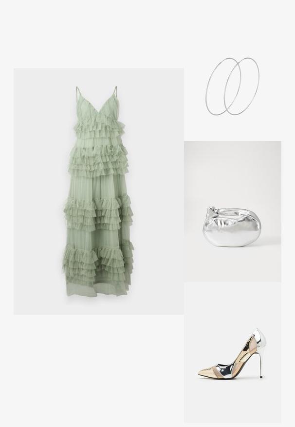 Svetlozelené šaty vyrobené z tierovaných, volánových tylových látok. Obsahujú tenké ramienka a priliehavý korzet. Dizajn s dĺžkou po zem s vrstvenou textúrou.; Lodičky s špičatou špičkou v striebornom, zlatom a telovom farebnom prevedení. Lesklý povrch s výrezovým dizajnom, s ihlovým opätkom.; Strieborná metalická taška s mäkkým, zaobleným tvarom a uzáverom s uzlíkom. Vyrobená z hladkej syntetickej kože.; Strieborné kruhové náušnice s minimalistickým dizajnom. Cirkulárny tvar, hladký povrch a tenký profil. Ľahké s lesklým povrchom.