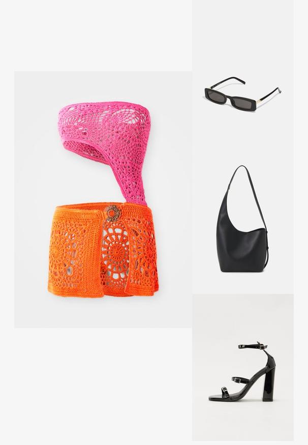 Crochet tops rozā un oranžā krāsā, ar asimetrisku dizainu, kam raksturīgi ziedu motīvi un izgriezumi. Izgatavots no strukturētas dzijas.; Melnas lakotas augstpapēžu čības ar kvadrāta purngalu, potīšu siksniņām un sudraba sprādzēm. Aprīkotas ar masīvu bloku papēdi stabilitātei.; Melnas taisnstūra saulesbrilles ar tumšiem objektīviem, spīdīgām plastikāta rāmēm un zelta akcentiem tempļos. Minimalistisks dizains un eleganta forma.; Melnas ādas hobo soma ar gludu tekstūru, izliekta forma un vienu regulējamu jostu; augšā ir plaša atvere.