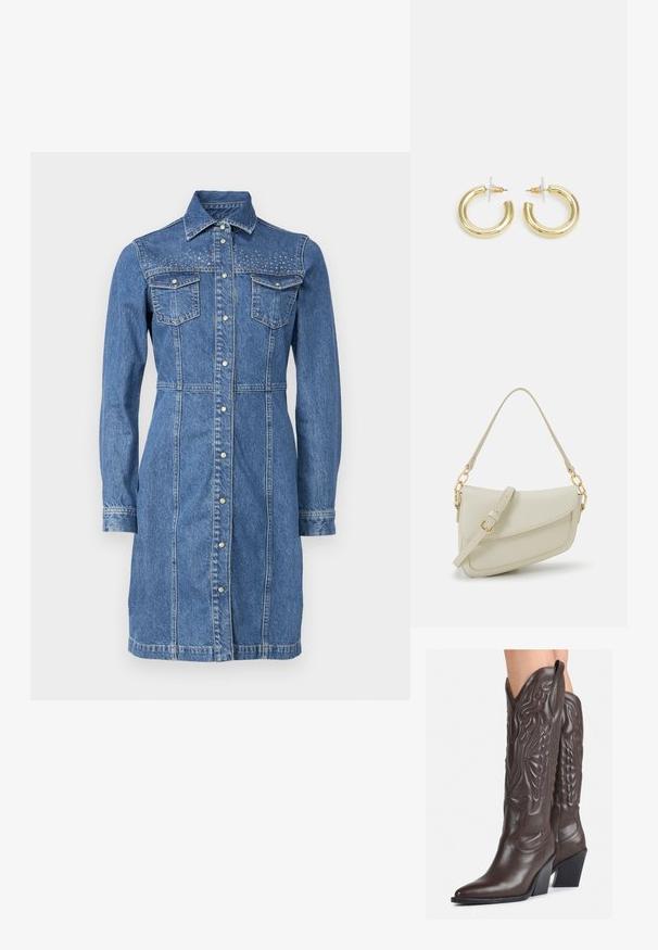 Denim obleka z dolgimi rokavi, sprednjimi žepi in srebrnimi srebrnimi nitkami na ramah. Ima gumbasto zaklepanje spredaj.; Rjave usnjene kavbojske čevlje z ostrim nosom in blok peto, ki vsebujejo podrobno šivanje in dvignjene dodatke na zgornjem delu.; Mala kremna torbica z teksturiranim zaključkom, dolgim nastavljivim trakom, verižnim poudarkom in zapiranjem na poklop. Detajli iz zlatega kovinskega materiala.; Zlate uhane v obliki obročkov z gladko, sijočo površino. Krožna zasnova s majhnim nosilcem in prozornim podplatom za varno nošenje.