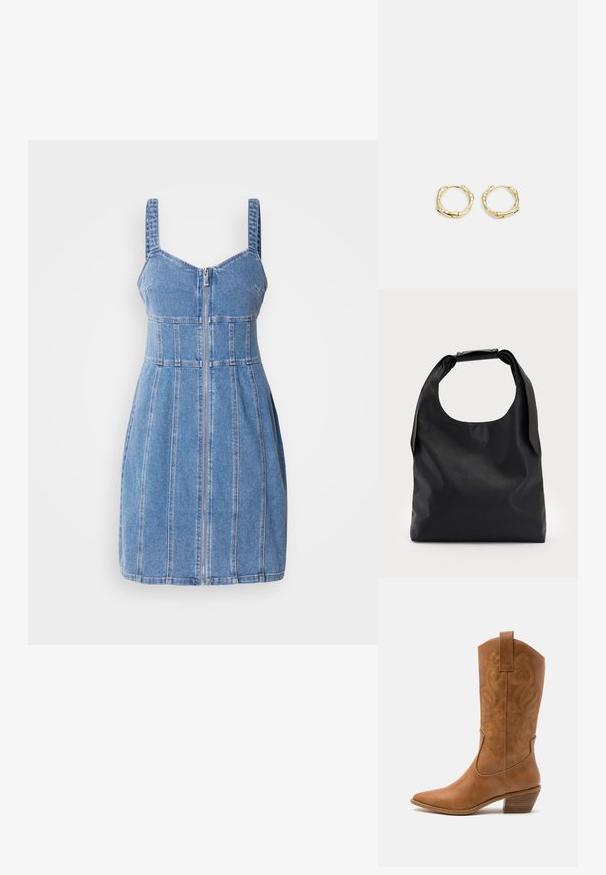 Traper haljina s tankim naramenicama, prednjim patentnim zatvaračem, strukturiranim korzetom i vertikalnim šavovima. Svijetloplava boja s glatkom teksturom.; Smeđe kožne kaubojke s oštrim nosom, izvezenim spiralnim uzorcima na gornjem dijelu i blok petom. Imaju potporu za lakše obuvanje.; Crna kožna hobo torba s jednim mekanim, zaobljenim ručkom; karakterizira je glatka tekstura i minimalistički dizajn. Nema vidljivih hardverskih detalja ili akcenata.; Zlatne okrugle naušnice s teksturiranim, nepravilnim oblikom. Imaju nevidljivo zatvaranje i polirani završni sloj, što naglašava moderan dizajn.