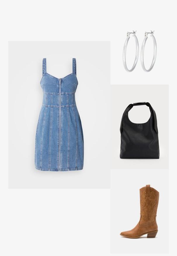 Denim obleka s tankimi naramnicami, sprednjim zadrgo, strukturiranim bustom in vertikalnim šivom. Svetlo modra barva s gladko teksturo.; Rjavi usnjeni kauboj čevlji s koničastim nosom, vezenimi vijugastimi vzorci na zgornjem delu in zloženim kvadratnim peto. Imajo zanko za enostavno obuvanje.; Črna usnjena torba hobo z enim mehkobnim, okroglim ročajem; ima gladko teksturo in minimalističen dizajn. Brez vidnih kovinskih delov ali poudarkov.; Srebrni obroči za ušesa z gladko, polirano površino. Okrogla oblika in varna zaponka s klikom. Lahka zasnova, primerna za vsakodnevno nošenje.