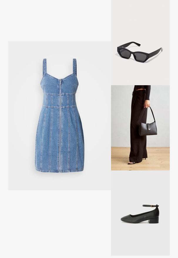 Sukienka dżinsowa z spaghetti ramiączkami, zamkiem błyskawicznym z przodu, usztywnioną górą oraz pionowymi przeszyciami. Jasnoniebieski kolor o gładkiej fakturze.; Czarne skórzane szpilki z ostrym noskiem i niskim słupkowym obcasem. Wyposażone w pasek na kostkę z złotym zapięciem. Gładka tekstura.; Czarne prostokątne okulary przeciwsłoneczne z grubymi oprawkami, ciemnymi soczewkami i kanciastym kształtem. Gładki plastikowy materiał bez widocznych wzorów czy dodatków.; Czarna torebka o usztywnionym kształcie, gładkiej fakturze i metalowym zapięciem. Połączona z szerokimi czarnymi spodniami i sandałami na otwartym palcu na drewnianej podłodze.