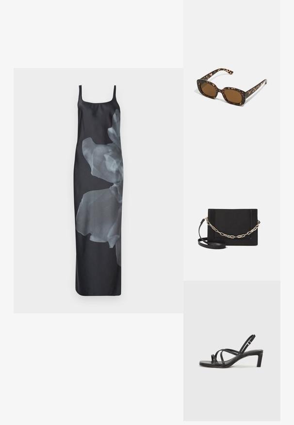 Μαύρο σατέν φόρεμα με λεπτή αίσθηση και μεγάλο, διαφανές floral σχέδιο από την μία πλευρά. Διαθέτει λεπτές τιράντες και ευθύ, ρέοντα σιλουέτα.; Μαύρη σανδάλι με λουράκια και τετράγωνη μύτη, καθώς και χαμηλό μπλοκ τακούνι. Διαθέτει πολλαπλά λεπτά λουράκια και ρυθμιζόμενο λουράκι στον αστράγαλο. Κατασκευασμένο από λείο δέρμα.; Γυαλιά ηλίου από καβουρδισμένο κέλυφος με στρογγυλό, χοντρό σκελετό και καφέ φακούς. Διαθέτουν διακριτά σχέδια και ευθείες, κομμένες βραχίονες.; Μαύρη δερμάτινη τσάντα ώμου με λείο υφή, ορθογώνιο σχήμα και μεταλλική αλυσίδα μπροστά. Περιλαμβάνεται ρυθμιζόμενο λουρί.