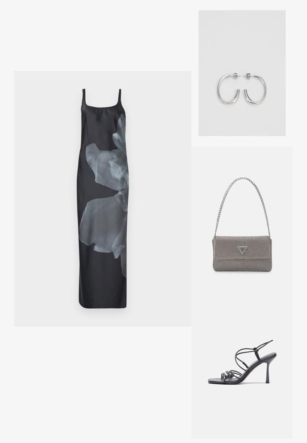 Melnās satīna slīdējošās kleitas ar lielu, caurspīdīgu ziedu rakstu vienā pusē. Tām ir plānas siksniņas un taisna, plūstoša siluets.; Melnas augstpapēžu sandales ar plāniem siksniņām un mezgla dizainu, gluda kvadrātveida purngalu un elegantu stiletto papēdi.; Gaiši pelēka metāla rokassoma ar ķēdes siksnu, rotāta ar mazām apaļām metāla kniedēm un trīsstūra zīmola logo.; Sudraba stīpas auskari ar gludu, spīdīgu virsmu, izceļas ar izliektaveida formu un aizdari ar tapu. Minimālistisks dizains ar mūsdienīgu apdari.