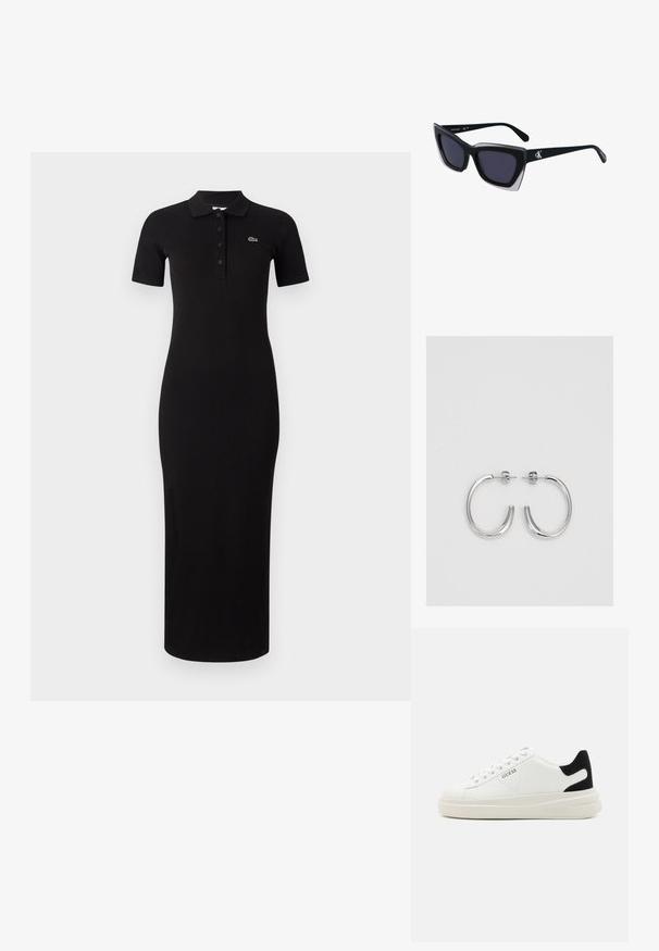 Czarna midi sukienka polo z krótkimi rękawami, prążkowaną fakturą i zapięciem na guziki. Posiada małe zielone logo po lewej stronie klatki piersiowej.; Białe skórzane sneakersy z grubą białą podeszwą, czarnym zamszowym akcentem na pięcie oraz wytłoczonym logotypem z boku. Projekt z sznurówkami i sześcioma dziurkami.; Czarne, oversize okulary przeciwsłoneczne o geometrycznym kształcie, z ciemnymi soczewkami i kontrastującym szarym detalem na oprawie. Logo na ramieniu.; Srebrne kolczyki na biglu o gładkim, błyszczącym wykończeniu. O zaokrąglonym kształcie, lekkim designie, z zamknięciem na zatrzask.