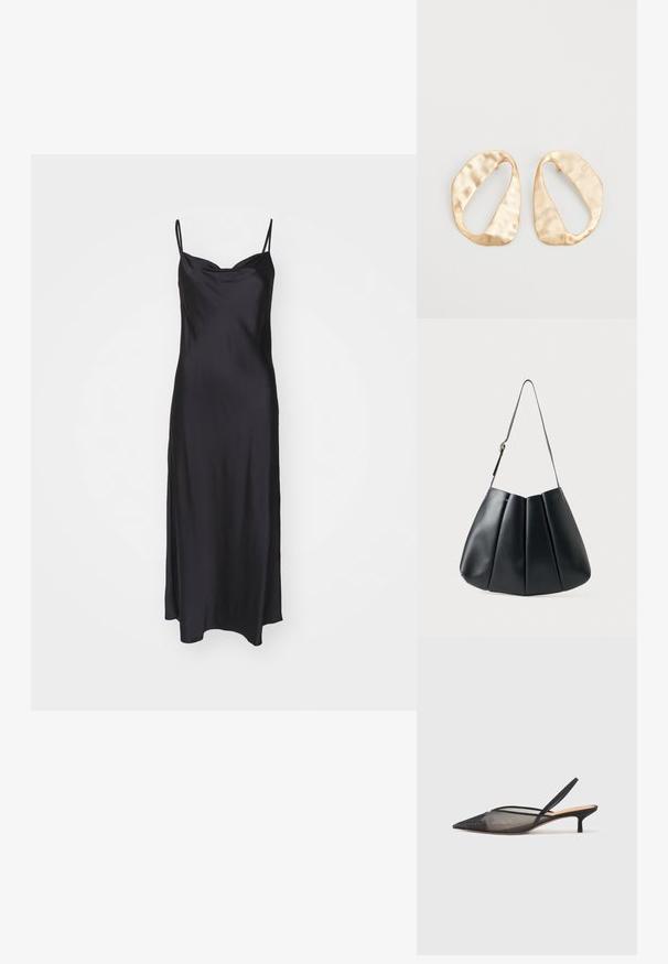 Crna saten haljina na slip način s tankim trakama, glatkom teksturom i prilagođenim korzetom koji prelazi u A-linijski kroj.; NEOUS IRENA - Klasične cipele s visokom petom - black; Crna kožna torba preko ramena s nabranim dizajnom, glatkom teksturom, jednim remenom i suptilnim zlatnim detaljem.; Par zlatnih metalnih naušnica nepravilnog ovalnog oblika s teksturiranom, blago kovanom površinom na bijeloj pozadini.